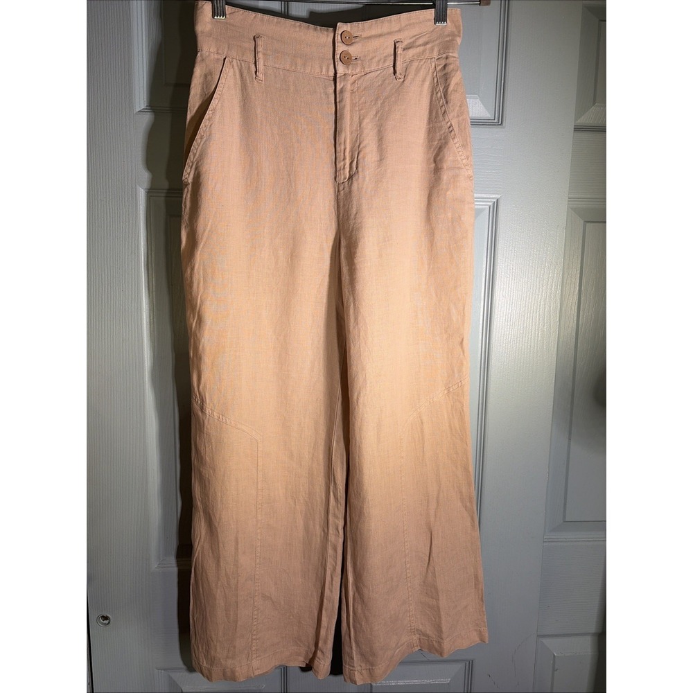 Nicole Miller High Rise Wide Leg 100% Linen Cropped Pants Sz 2. Khaki.